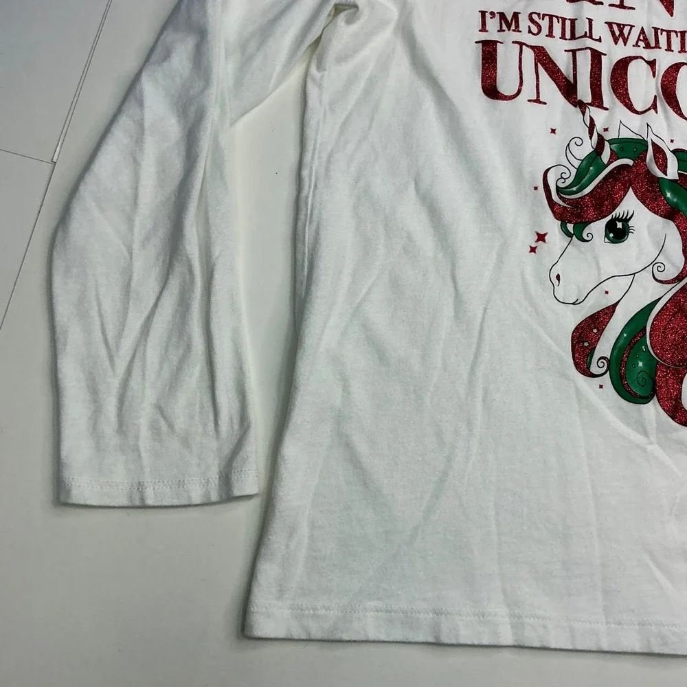 The Children's Place White Graphic Tee Kids Size 10/12 Santa Unicorn Glitter